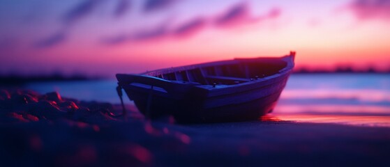 Fototapeta premium A serene boat resting on the shore at sunset.