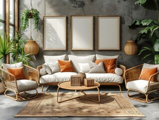In a chic living room, a stunning mockup showcases a set of empty picture frames above a comfortable sofa surrounded by lush greenery. The warm decor invites relaxation