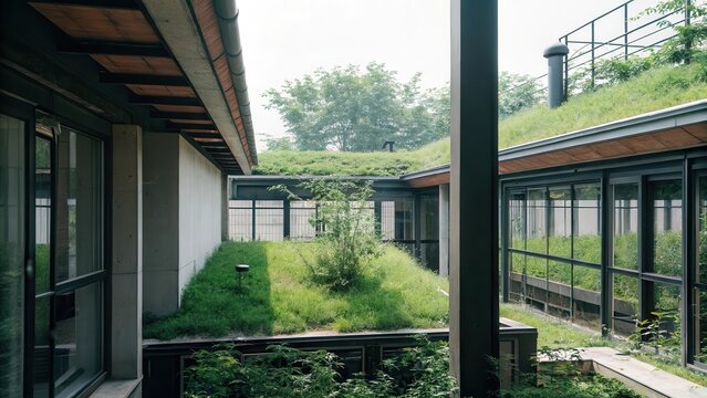 A modern factory built with green roofs featuring a network of rainwater collection systems and biophilic design elements woven into the architecture.