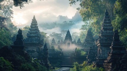 Mystical ancient stone temples shrouded in morning mist, nestled within lush green jungle foliage.