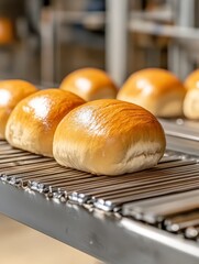Freshly Baked Bread Conveyor Belt - Golden-brown bread rolls, bakery production line, industrial food, delicious aroma, food manufacturing.