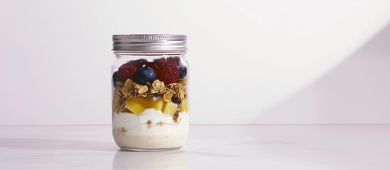 Healthy fruit and yogurt parfait in a jar with granola and fresh berries