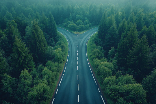The intersection in the forest shows two roads converging at different angles.