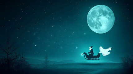 Naklejka premium Ghostly Winter Solstice Ride - A spooky sleigh ride under a full moon, symbolizing mystery, winter, the holiday season, companionship, and flight.