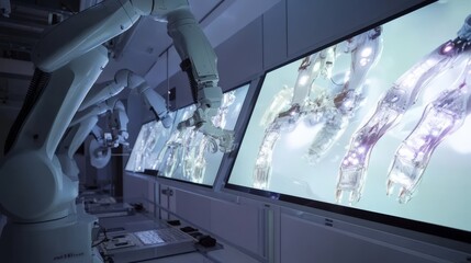 Robotic arm manipulating digital model on screen.