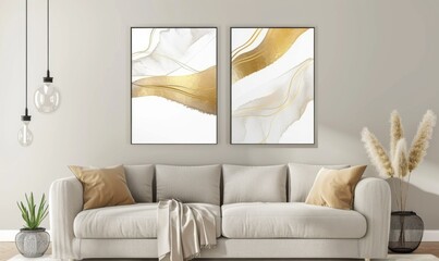 An inviting living room showcases a cozy sofa adorned with plush pillows, complemented by a set of two artistic picture frames on a neutral wall