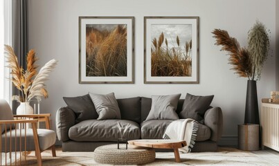 A stylish living room features a cozy gray sofa adorned with decorative pillows. Two picture frames hang on the wall, displaying beautiful nature scenes