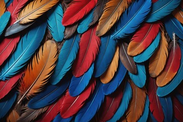 Obraz premium Exotic texture feathers background, closeup bird plumage. Red-brown and blue feathers for your natural pattern.
