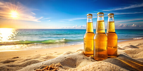 Three bottles of light beer sit atop golden sand as the sun sets over a tranquil ocean, creating a serene atmosphere perfect for relaxation