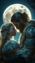 Obraz premium Young blonde woman with handsome bearded man wearing animal furs embracing in front of the full moon for werewolf fan fiction or romance novel cover.