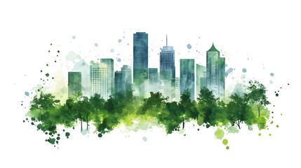 Obraz premium vector drawing of the skyline in front of green trees and buildings on white background, green color palette, watercolor splashes