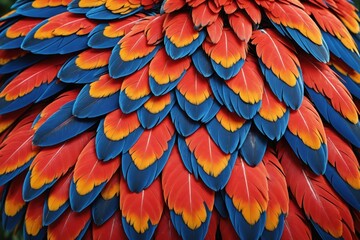 Obraz premium Close up of Scarlet macaw bird's feathers, exotic nature background and texture.