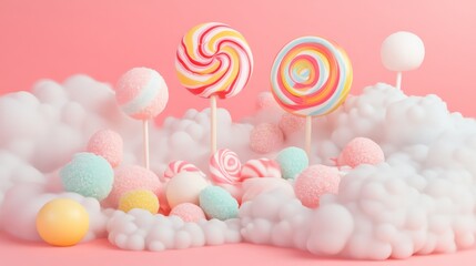 Candyland Cloudscape 3D Render of Swirl Lollipops and Sugar Candy in Whimsical Cloud Setting, 3D rendering, digital art, pastel Candy, Lollipop, Sweet