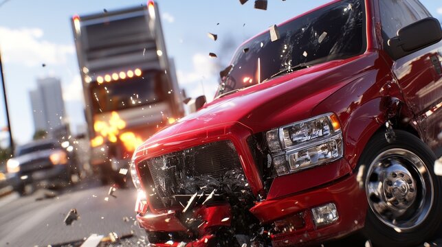 Red Pickup Truck and Big Rig Collision - Damaged red pickup truck after a collision with a large truck.  Accident, wreckage, impact, damage, safety.