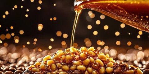 Jar of honey is poured onto a pile of coffee beans