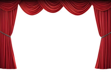 Elegant red stage curtains with classic folds, isolated on a transparent or white background.