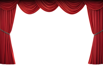 Elegant red stage curtains with classic folds, isolated on a transparent or white background.