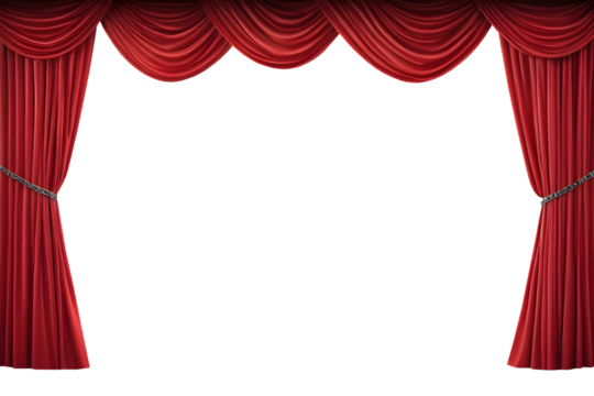 Elegant red stage curtains with classic folds, isolated on a transparent or white background.