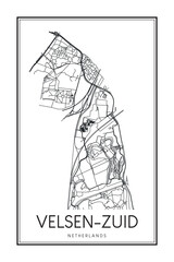 Printable downtown road map poster of the Dutch city of VELSEN-ZUID on solid white background with city name