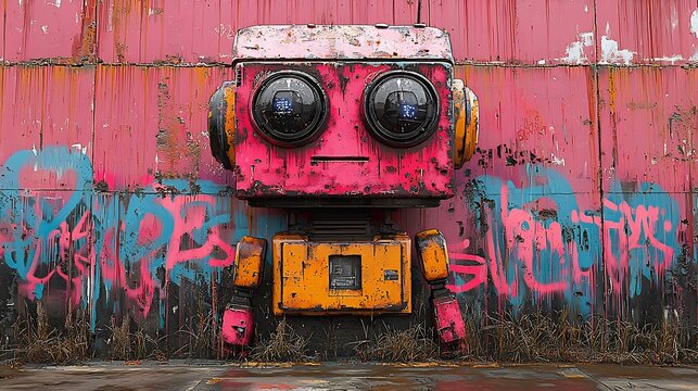 Futuristic cityscape covered in graffiti featuring abstract cityscapes neon symbols and robotic figures in glowing hues of blue and purple