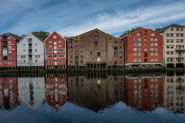 View of warehouses at the Nidelva river in Trondheim, Norway.