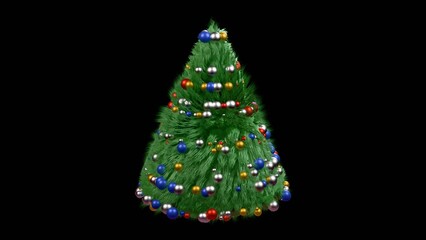 Furry green Christmas tree with shiny reflective bulbs.
3d render illustration.