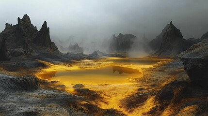 Fototapeta premium Surreal landscape with golden lake and misty mountains.