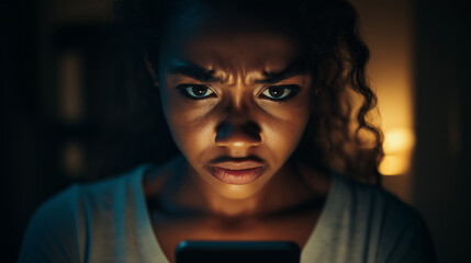 Concerned african american woman browsing smartphone in dimly lit room