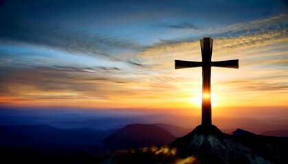 Dramatic Cross Silhouette atop a Mountain at Sunset