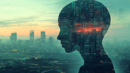 A futuristic cityscape built within a humanoid silhouette Society within a posthuman frame, posthuman collage