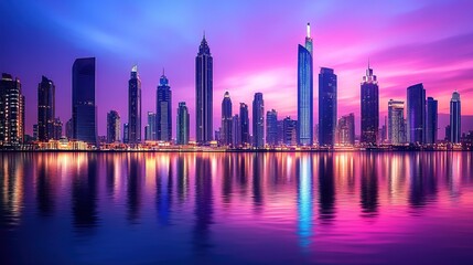 Fototapeta premium Vibrant city skyline at sunset reflected in calm water.