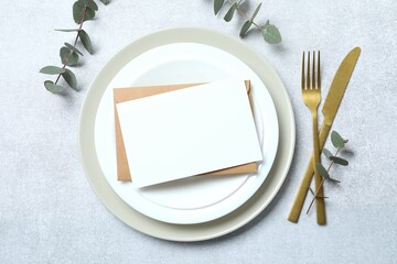 Two Wedding stationery invitation cards mockup on grey background with eucalyptus, Menu card mockup...