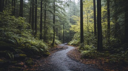 Obraz premium Forest Path Composition Moody Greens and Grays, Winding Trail Through Lush Canopy, Nature Photography, Forest, Trail, Nature