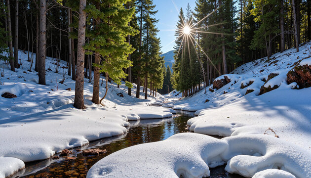 Snow-covered creek in a serene forest with sunlight filtering through tall trees during a winter afternoon