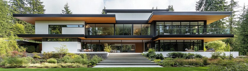 Fototapeta premium Front View Composition of Modern Home, Wood and Black Accents, Forest Setting, Luxury Architecture, Modern House Design Modern Architecture, Contemporary Home, Luxury Real Estate