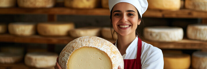 A smiling woman cheesemaker in a white uniform and red apron holds a large cheese wheel, standing in front of rustic wooden shelves filled with freshly made cheese circles, banner