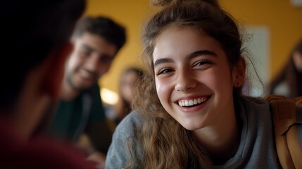A smiling girl interacts with friends in a lively setting.