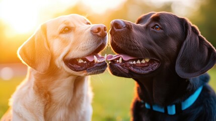 Two joyful dogs, one yellow and one black, share a tender moment in a sunlit park, exuding happiness and friendship that warms the heart and captures true companionship.