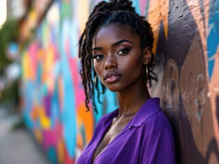 Fototapeta premium Portrait of a Black Woman with Locs Against Graffiti Wall