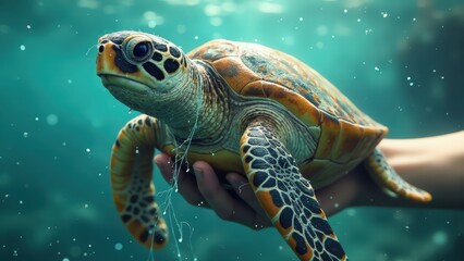 Fototapeta premium Sea turtle entangled in plastic fishing nets, contrasting the beauty of the creature with the harsh reality of plastic pollution.