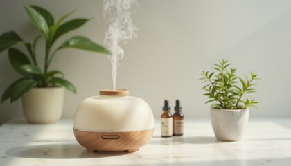 Aromatherapy diffuser releasing steam with essential oils and indoor plants in a bright setting