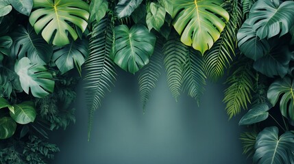 Lush tropical leaves frame a dark teal background.