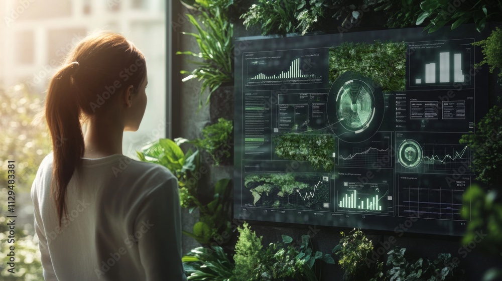 Aufkleber A person examines digital charts and environmental data projected on a screen amidst lush greenery.