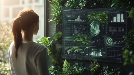 A person examines digital charts and environmental data projected on a screen amidst lush greenery.