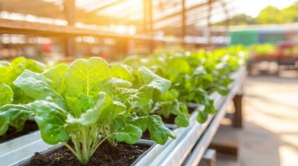 Lush green spinach plants in vibrant sunlight at a greenhouse, showcasing healthy growth and freshness.