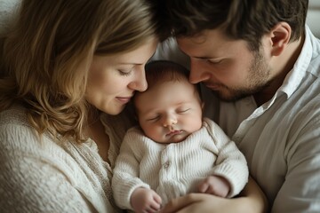 Happy mother and father holding newborn baby