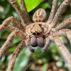Spider on web in Costa Rica with green leaf.