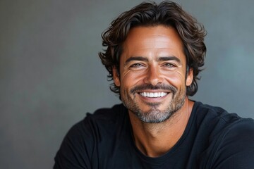 Fototapeta premium Smiling man with medium length dark hair and a beard sitting against a neutral background