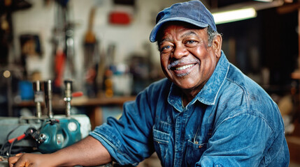 Obraz premium Portrait happy senior african american man working in workshop. Worker standing, smiling with confidence. Small business owner. Employee entrepreneur job happiness. People success teamwork.