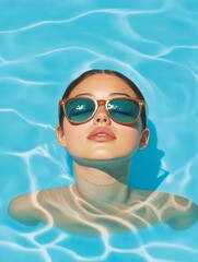Naklejka premium Summer Poolside Relaxation - Serene woman, sunglasses, pool water, summer sun, tranquil escape.